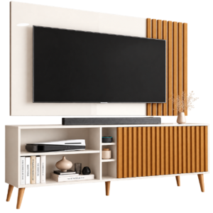 Painel até 65″ + Rack Bancada Luara Off White/Cedro – SAL MOVELARIA