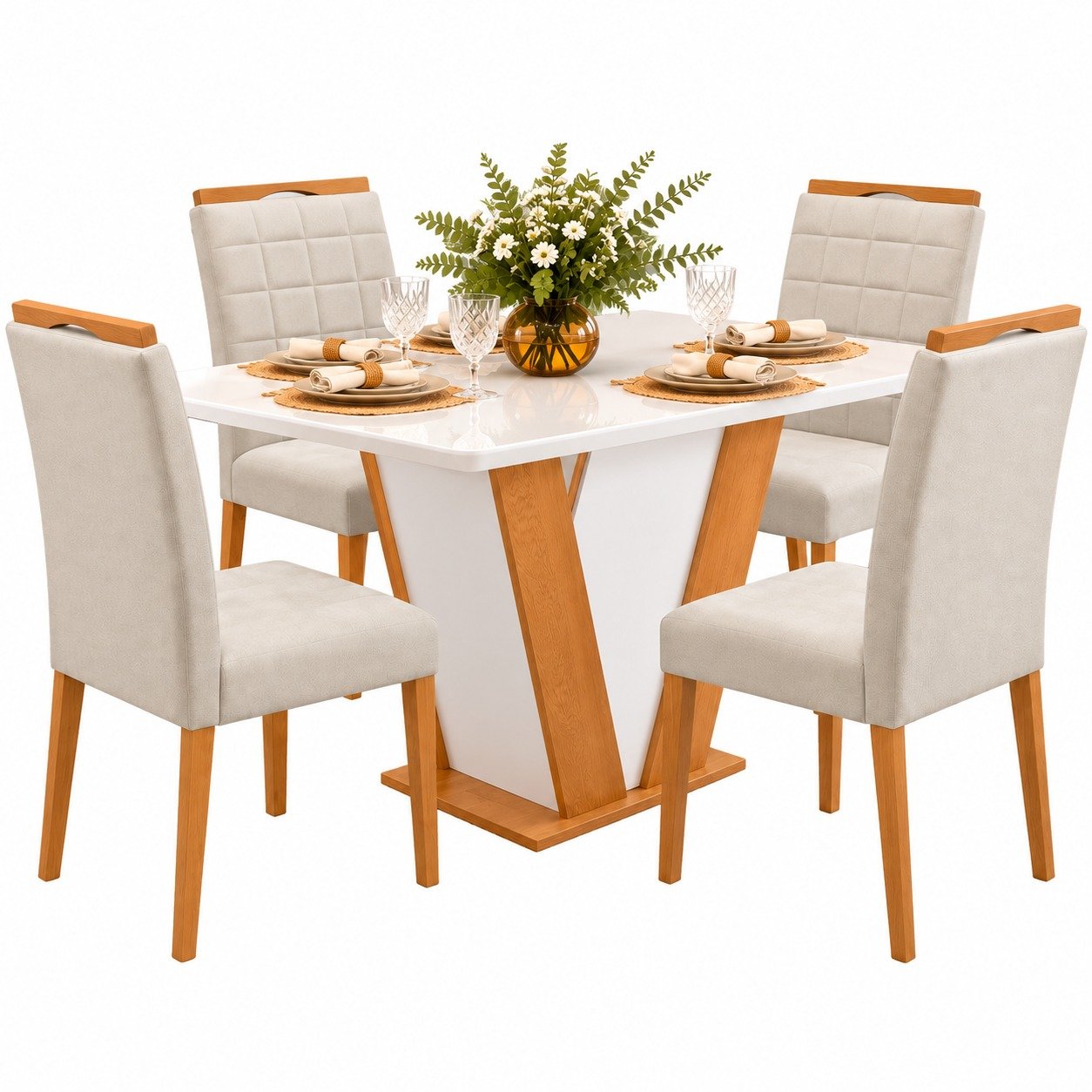 Mesa Qatar 120 (Tampo Londres c/ vidro) Off White/Cinamomo/Off White com 4 Cadeiras Quartzo/Safira Veludo Bege – CEL MÓVEIS + KM DECOR - Imagem 3