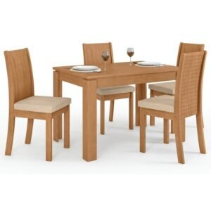 Mesa Athenas 120 Amêndoa Clean com 4 Cadeiras Athenas Linho Bege – LOPAS
