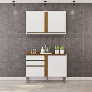 Armário Aéreo 2 Portas + Balcão Pérola 1,20 m Branco/Cinamomo  – SALLÊTO