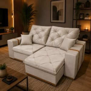 Sofá Retrátil e Reclinável MJ126/Gran Bello 2,20 m Veludo Bege 1005 – MAJESTOSO ESTOFADOS