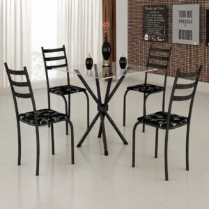 Mesa 4 Cadeiras Marabá (Tampo Vidro Quadrado) Preto/Preto Lírio – TEIXEIRA