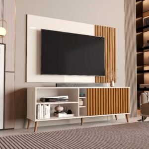 Painel até 65″ + Rack Bancada Luara Off White/Cedro – SAL MOVELARIA