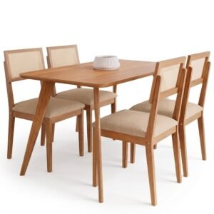 Mesa Acerola 130 (S/Vidro) Madeira/Off White com 4 Cadeiras Encanto Linho Bege – CIMOL