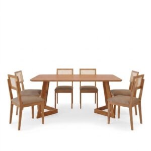 Mesa Caju 180 (S/Vidro) Madeira/Off White com 6 Cadeiras Palmas Linho Bege – CIMOL