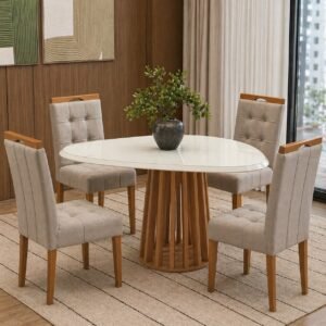 Mesa Lavanda BA45 135 Canela/Off White com 4 Cadeiras Sophia Veludo Bege 100 – KAPPESBERG + WM DECOR