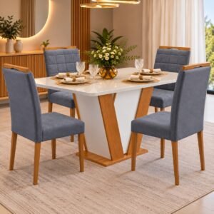 Mesa Qatar 120 (Tampo Londres c/ vidro) Off White/Cinamomo/Off White com 4 Cadeiras Quartzo/Safira Veludo Cinza Grafite – CEL MÓVEIS + KM DECOR