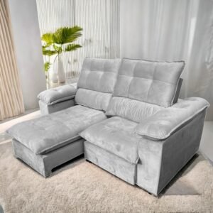 Sofá Retrátil e Reclinável Suíça 2,50 m Veludo Cinza Prata – LEO DECOR (PROMOÇÃO – LEVE AVARIA)
