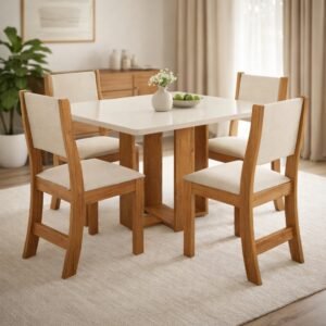 Mesa Tókio/Teka 120 Mel/Blonde/Off White com 4 Cadeiras Sol Linho Bronze – VIERO MÓVEIS