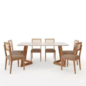 Mesa Caju 180 (C/Vidro) Madeira/Off White com 6 Cadeiras Palmas Linho Bege – CIMOL
