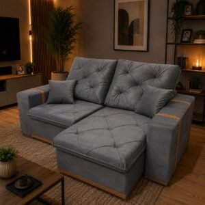 Sofá Retrátil e Reclinável MJ126/Gran Bello 2,20 m Veludo Cinza 1002 – MAJESTOSO ESTOFADOS