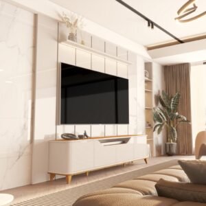 Painel até 75″ Lumi 2.19 Off White + Rack Aron Off White/Cedro – EDN MÓVEIS
