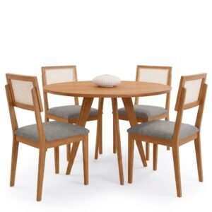 Mesa Redonda Acerola 109 (S/Vidro) Madeira/Off White com 4 Cadeiras Palmas Linho Cinza Grafite – CIMOL