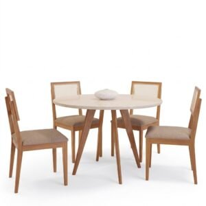 Mesa Redonda Acerola 109 (C/Vidro) Madeira/Off White com 4 Cadeiras Palmas Linho Bege – CIMOL