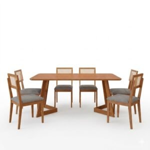 Mesa Caju 180 (S/Vidro) Madeira/Off White com 6 Cadeiras Palmas Linho Cinza Grafite – CIMOL