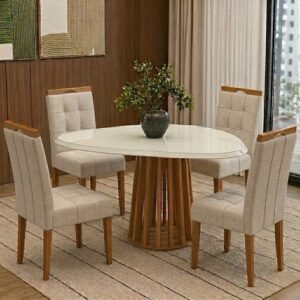 Mesa Lavanda BA45 135 Canela/Off White com 4 Cadeiras Sophia Linho Bege 200 – KAPPESBERG + WM DECOR
