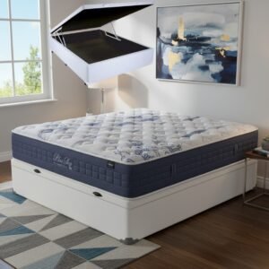 Colchão Casal Blue Sea 31 cm D28 Molas Ensacadas + Base Baú Corino Branco – ANJOS + BIOSTAR