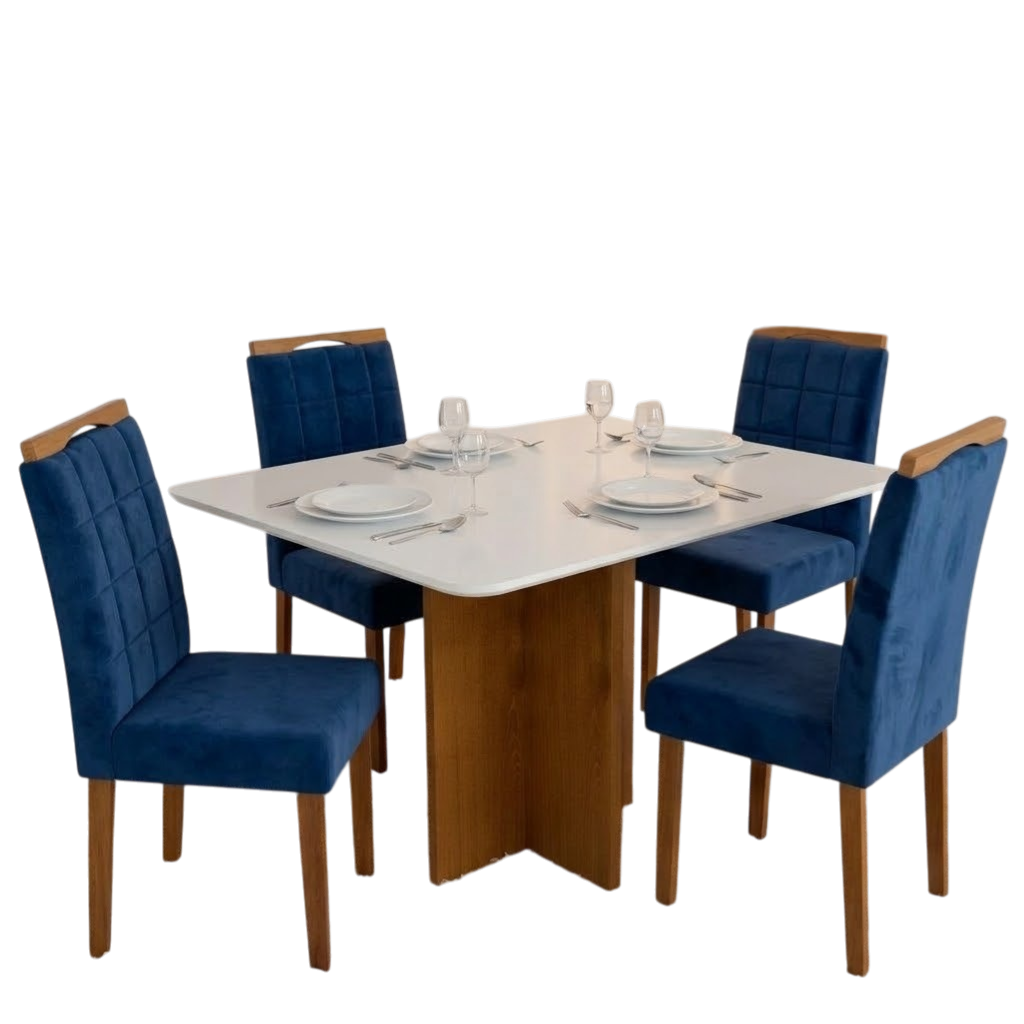 Mesa Salinas 120 (Tampo Londres c/vidro) Cinamomo/Off White com 4 Cadeiras Las Vegas Veludo Azul 24 – CEL MÓVEIS + OURO - Imagem 2