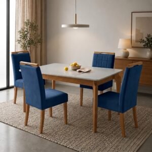 Mesa Atos 100 (Tampo 18 mm) Mel/Off White com 4 Cadeiras Las Vegas Veludo Azul 24 – VIEIRA DECOR + OURO DECOR