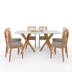 Mesa Cacau 180 (C/Vidro) Madeira/Cinamomo com 6 Cadeiras Palmas Linho Cinza Grafite – CIMOL