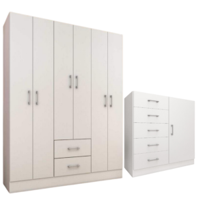 Guarda-Roupa 6 Portas Jamaica 6002 + Cômoda 5 Gavetas Sapateira Miami Branco – FELLICCI