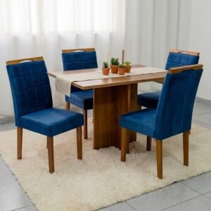 Mesa Salinas 100 (Tampo Dakota s/vidro) Cinamomo/Off White com 4 Cadeiras Las Vegas Veludo Azul 24 – CEL MÓVEIS + OURO DECOR