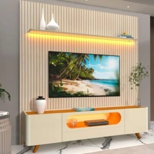 Painel até 85″ Nobre 230 Off White + Rack Nobre 210 (Pés de Madeira) Off White/Naturale – GELIUS