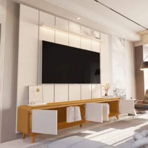 Painel até 75″ Lumi 2,19 m Off White + Rack Liv 2,18 m Cedro/Off White – EDN MÓVEIS