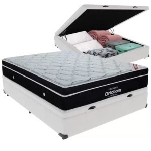 Colchão Casal Elegant Superpocket 28 cm D33 Molas Ensacadas + Base Baú Corino Branco – ORTOBOM + ALTO NÍVEL