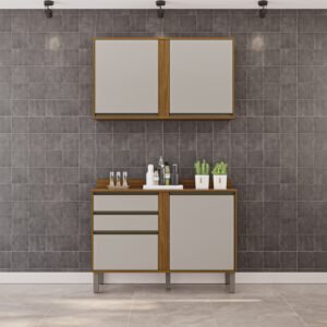 Armário Aéreo 2 Portas + Balcão Pérola 1,20 m Cinamomo/Off White – SALLÊTO