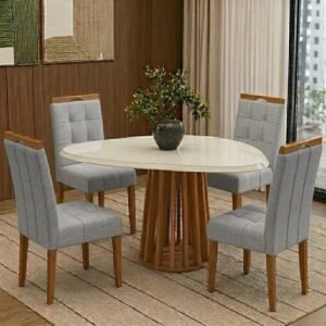 Mesa Lavanda BA45 135 Canela/Off White com 4 Cadeiras Sophia Linho Cinza Grafite 206 – KAPPESBERG + WM DECOR