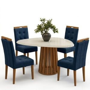 Mesa Lavanda BA45 135 Canela/Off White com 4 Cadeiras Sophia Veludo Azul 107 – KAPPESBERG + WM DECOR