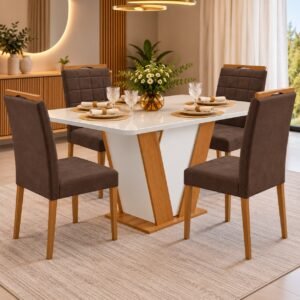 Mesa Qatar 120 (Tampo Londres c/ vidro) Off White/Cinamomo/Off White com 4 Cadeiras Quartzo/Safira Veludo Marrom – CEL MÓVEIS + KM DECOR
