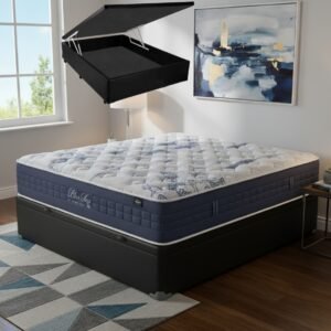 Colchão Casal Blue Sea 31 cm D28 Molas Ensacadas + Base Baú Corino Preto – ANJOS + ALTO NÍVEL