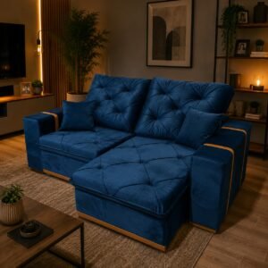 Sofá Retrátil e Reclinável MJ126/Gran Bello 2,20 m Veludo Azul 1004 – MAJESTOSO ESTOFADOS