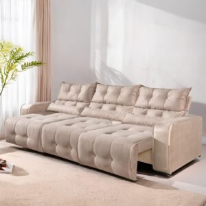 Sofá Retrátil e Reclinável Premier/Minas 2,50 m Veludo Bege 512 – DECORAR ESTOFADOS