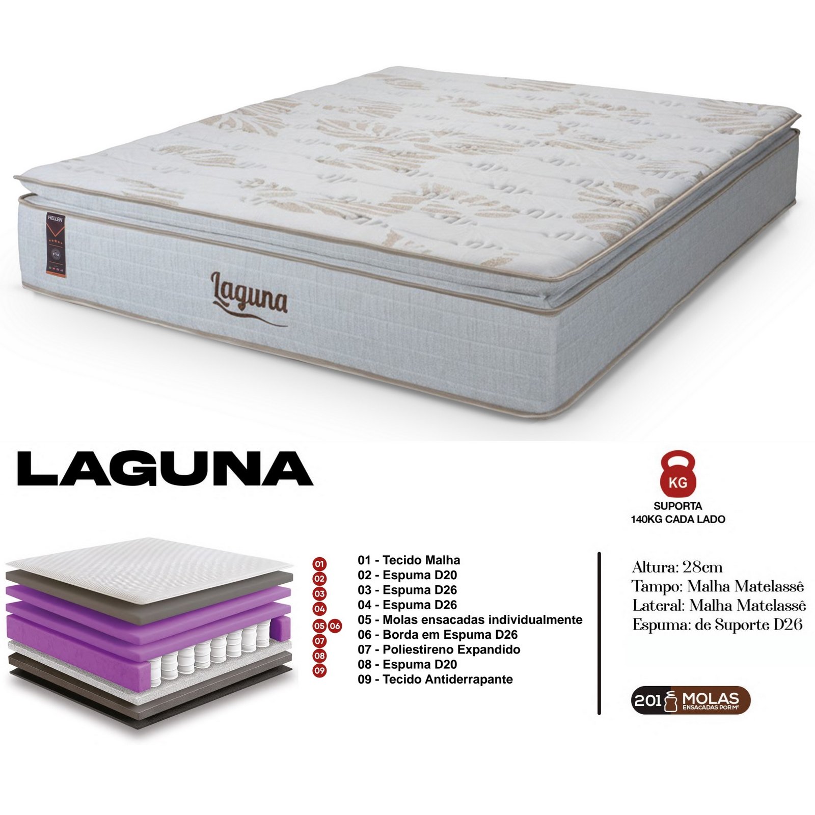 Colchão Casal Laguna Plus 28 cm D26 Molas Ensacadas - KING KONFORT COLCHÕES - Imagem 2