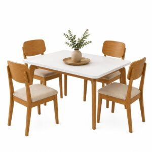 Mesa Londrina 120 Naturale/Off White com 4 Cadeiras Havana Veludo Creme – RUFATO