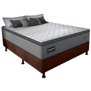 Colchão Casal Texas 29 cm D28 Molas Ensacadas + Base Simples Corino Marrom – GAZIN + BIOSTAR