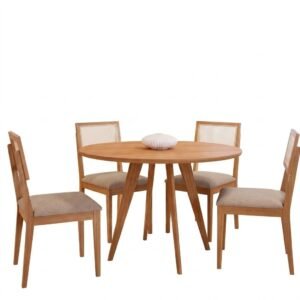Mesa Redonda Acerola 109 (S/Vidro) Madeira/Off White com 4 Cadeiras Palmas Linho Bege – CIMOL