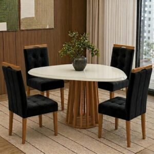 Mesa Lavanda BA45 135 Canela/Off White com 4 Cadeiras Sophia Veludo Preto – KAPPESBERG + WM DECOR