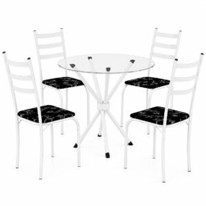 Mesa 4 Cadeiras Marabá (Tampo Vidro Redondo) Branco/Preto Lírio – TEIXEIRA