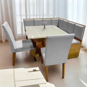 Conjunto Canto Alemão Baú + Mesa Mon/Soberano Mel/Blonde + 2 Cadeiras Milão Mel/Linho Inox – VIERO MÓVEIS