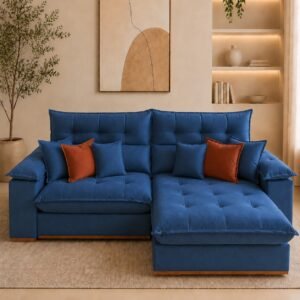 Sofá Retrátil e Reclinável Anabelle 2,50 m Veludo Azul – WM ESTOFADOS
