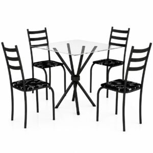 Mesa 4 Cadeiras Marabá (Tampo Vidro Quadrado) Preto/Preto Lírio – TEIXEIRA