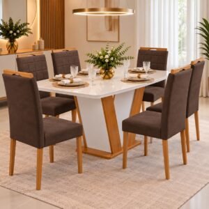 Mesa Qatar 160 (Tampo Londres c/ vidro) Off White/Cinamomo/Off White com 6 Cadeiras Quartzo/Safira Veludo Marrom – CEL MÓVEIS + KM DECORCEL M