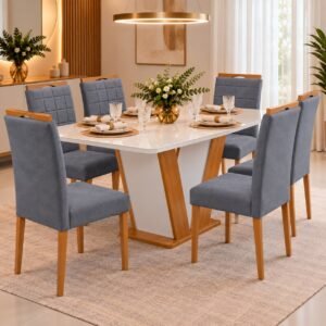 Mesa Qatar 160 (Tampo Londres c/ vidro) Off White/Cinamomo/Off White com 6 Cadeiras Quartzo/Safira Veludo Cinza Grafite – CEL MÓVEIS + KM DECOR