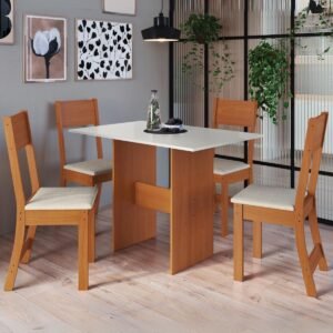 Mesa Karla 108 Freijó/Off White com 4 Cadeiras Linho Bege – INDÉKES