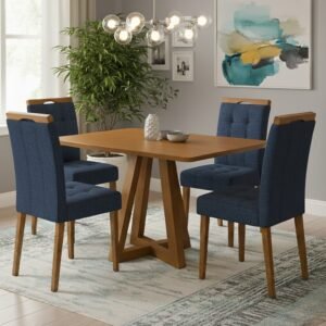 Mesa Alva ME02 120 Canela com 4 Cadeiras Sophia Veludo Azul – KAPPESBERG + WM DECOR