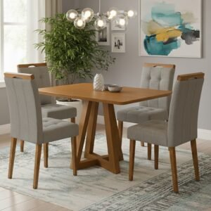 Mesa Alva ME02 120 Canela com 4 Cadeiras Sophia Veludo Cinza Grafite – KAPPESBERG + WM DECOR